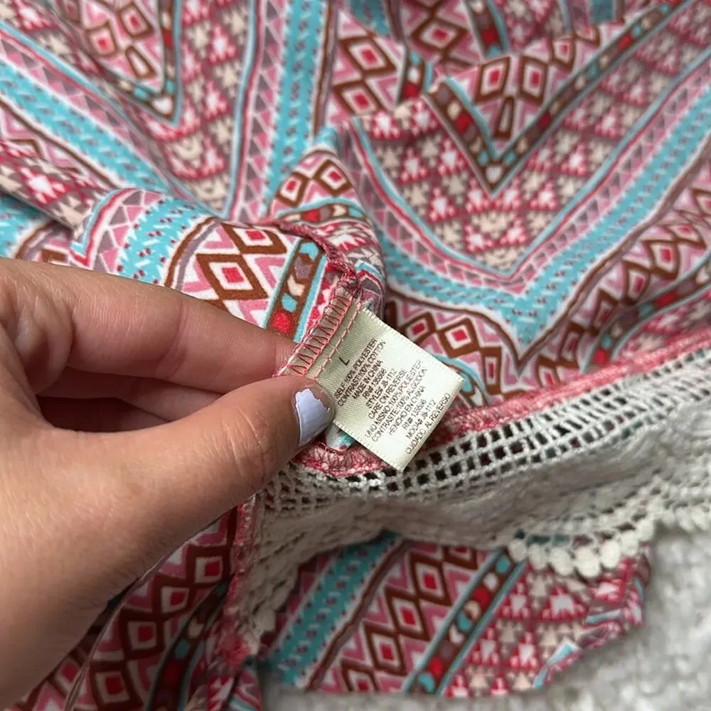 Liberty Love Colorful Chevron Kimono Lace Edging Beachy Open Front Cardigan BR10